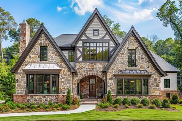 Stone and Brick Tudor Style Home with Lush Landscaping.