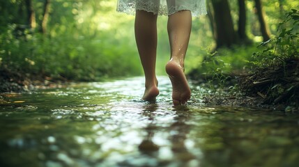 A woman stands barefoot in a quiet forest stream, symbolizing a deep connection to nature.