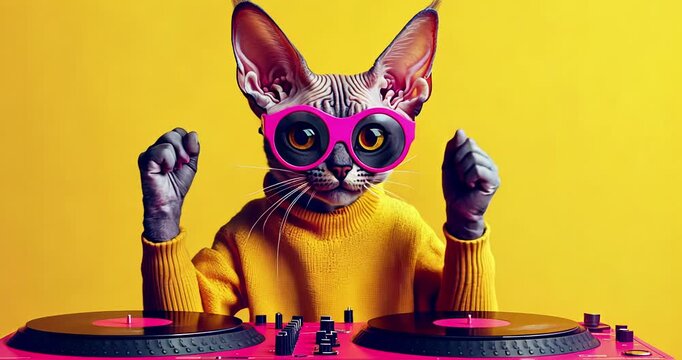 Funny sphinx cat DJ on yellow background. Party, music, dance concept.
