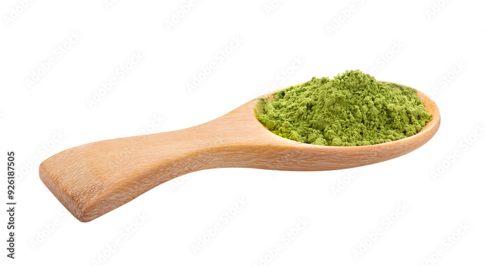 Wall mural matcha green tea powder in wood spoon on transparent png