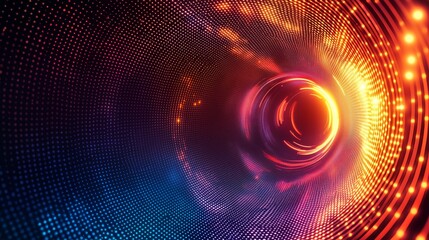 Obraz premium Abstract digital art depicting a vibrant neon spiral tunnel with glowing dots in orange, pink, and blue, creating a sense of depth and motion.