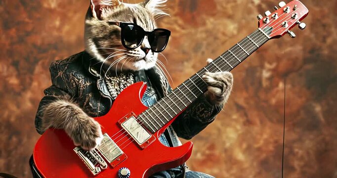 Funny rocker cat plays the guitar. Music concept.