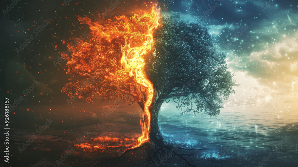 Wall mural Surreal tree divided into fire and ice elements, symbolizing dua