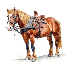 Watercolor illustration of a brown horse with a saddle and bridle.