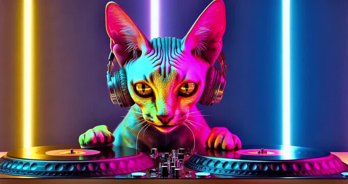 Stylish sphinx cat DJ on neon light background. Party, music, dance concept.