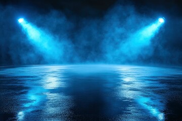 Fototapeta premium Rays searchlight light blue neon . Dark empty scene with smoke. Reflections on wet asphalt , ai