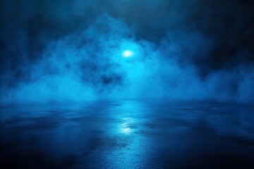 Fototapeta premium Rays searchlight light blue neon . Dark empty scene with smoke. Reflections on wet asphalt , ai