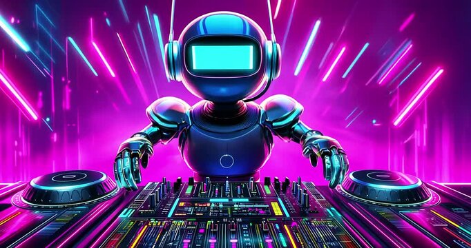 Robot DJ on night clubbing background. Party, music, dance concept.
