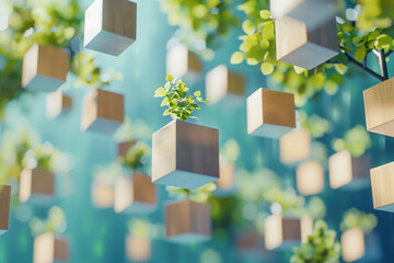 3D illustration of floating white wooden cubes with green foliage against a blue sky. Dynamic, minimalist design features isometric shapes, creative background, and a banner design for environment day