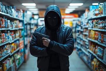 Obraz premium A tense moment captured in a convenience store as a masked individual brandishes a handgun, creating a high-stakes robbery scenario