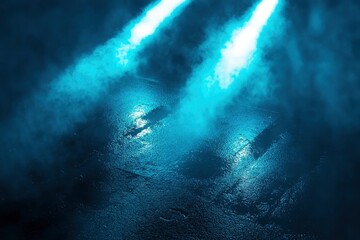 Fototapeta premium Rays searchlight light blue neon . Dark empty scene with smoke. Reflections on wet asphalt , ai