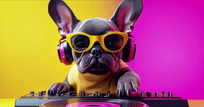 Funny french buldog DJ on pink yellow background. Party, music, dance concept.