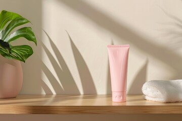 Pink tube of cream on wooden table at sunlight perfect for beauty and skincare concepts