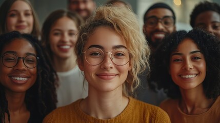 Obraz premium A diverse group of friends smile warmly for the camera, standing close together and radiating positivity and friendship in a close-knit group.