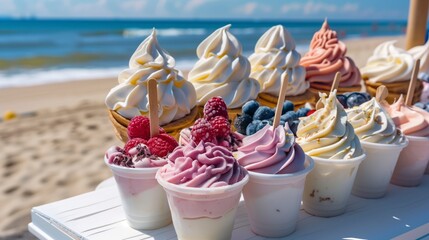 Cups of frozen yogurt with various toppings, including fresh fruit, on a white table with the beach and ocean in the background.