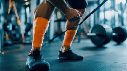 Fototapeta premium Athlete performing rehabilitation exercises with resistance bands, focused on strengthening the knee joint, modern gym background, knee joint recovery, rehabilitation