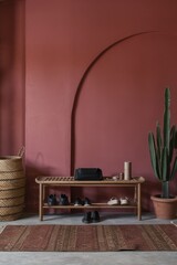 Rustic Home interior mockup with bench,chairs and decor in red room