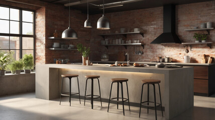 Contemporary Concrete Kitchen Island with Chic Coffee Set, Industrial-Style Open-Concept Design, Exposed Brick, and Morning Light, Captured in a Cozy Digital Illustration