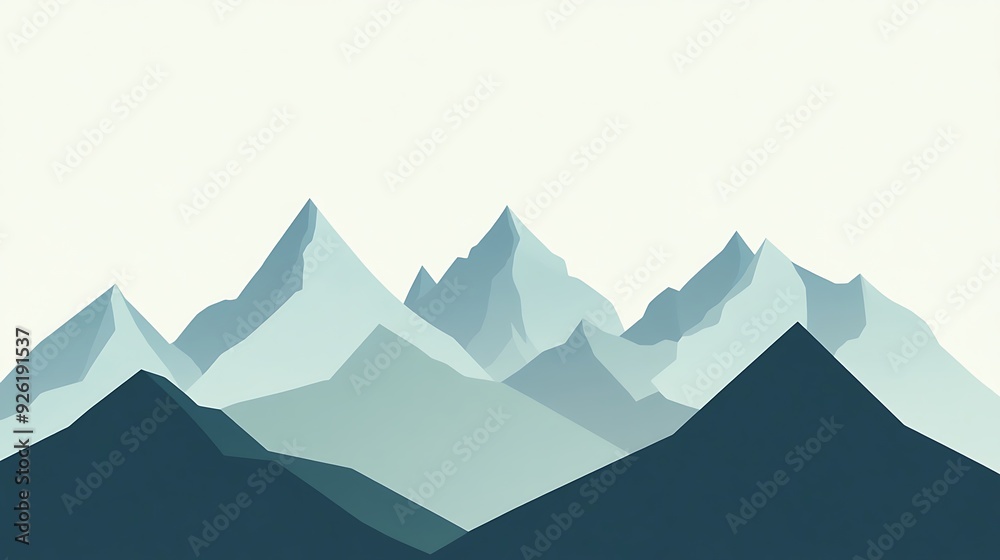 Sticker minimalist vector mountain ranges in gray and blue on light green background in flat design style