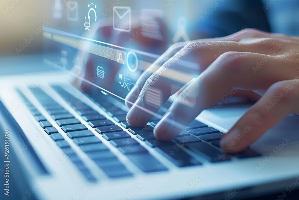 Fototapete man hands are typing on a laptop keyboard, with futuristic digital graphics of icons floating above 