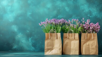 Three brown paper bags filled with lavender and other flowers placed in front of a textured teal wall, creating a natural, rustic scene.