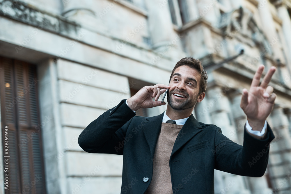 Poster business, man and stop taxi in phone call with smile for conversation and connection in new york as 