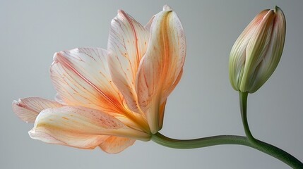 A delicate, soft, pale pink and white lily flower with a bud, isolated on a light gray background.