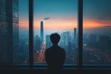 Fototapeta premium A person looks out of a window in a high-rise apartment, the vast city stretching out below. The room is dimly lit, and the individual appears deep in thought, seemingly disconnected from the