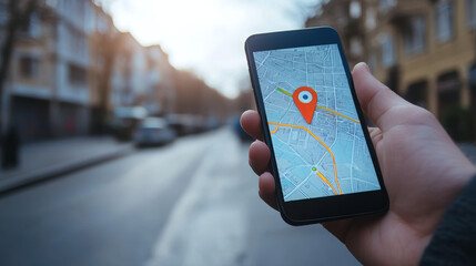 Close-up of a male hand holding a smartphone displaying an online map with a geolocation icon. The background features a blurred street, highlighting the concept of online navigation and GPS.