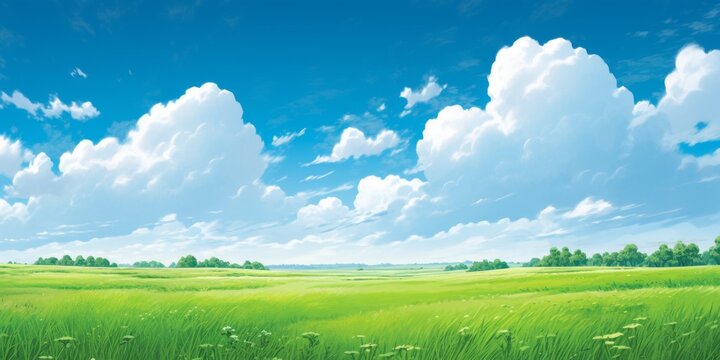 Enchanting Anime-Style Summer Skies: Lush Meadows and Puffy White Clouds Drifting in the Breeze, a Perfect Wide-Format Abstract Art for Game Concept and 4K Wallpapers,anime style