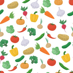 Vegetable seamless pattern. Fresh food salad ingredient. Healthy eating. Hand drawn vector simple design. Menu print, grocery shopping, diet.