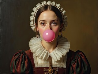 A classical portrait of a young woman dressed in Renaissance attire, blowing a bubble with gum - AI Generated Digital Art.