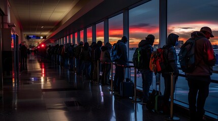A long line of passengers waited at an airport gate