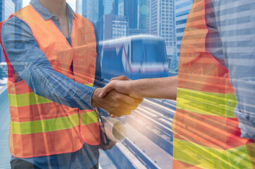An engineers handshake at the skytrain background, agreement,commitment,., partnership, Teamwork successful ,collaboration concept.