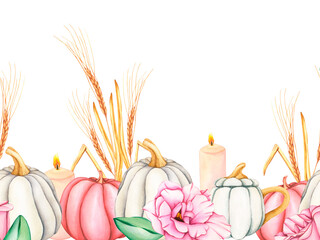 Seamless border of watercolor illustrations of white pumpkin with pink flowers, ears of wheat, wax candles, white pumpkin-shaped mug. Autumn home interior decoration pattern