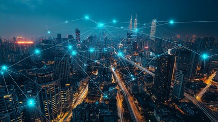 Fototapeta premium Overlaying a busy metropolitan skyline is a global media link, signifying the sophisticated 5G network connectivity and fast internet that drive contemporary business and communication.