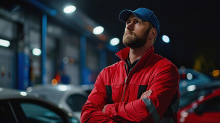 A pensive male auto mechanic wearing a red jacket and blue cap, standing with crossed arms in a car workshop at night.