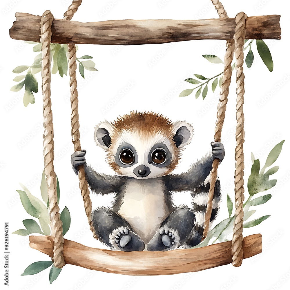 Sticker Adorable Lemur Sitting on a Swing with Watercolor Leaves.