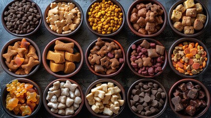 Obraz premium Neatly Arranged Assortment of Tasty Snacks in Bowls on Dark Background