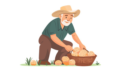 elderly man harvesting potatoes, vector illustration in a flat cartoon design, white background. activity lifestyle concept. Growing fresh vegetables at home. Homegrown food. Senior man gardening.