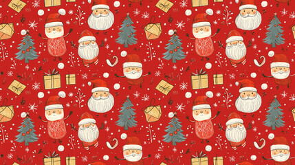 seamless wallpaper with fir trees, Santa Claus heads and Christmas gifts on a red background