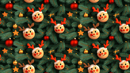 seamless wallpaper with decorated fir branches and reindeer heads in illustration
