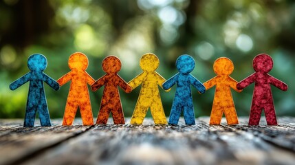 A chain of colorful paper cutout humans holding hands, symbolizing unity and diversity, placed on a wooden background outdoors. Equality and inclusion in society, teamwork.
