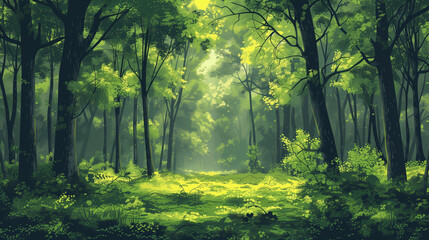 Obraz premium A serene, sunlit forest glade captured in an artistic illustration, where rays of light gently filter through the dense canopy of trees