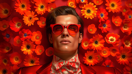 Modern pop art portrait of handsome man male in sunglasses blooming background full with flowers. Contemporary drawing painting poster of stylish fashion people in vintage retro style