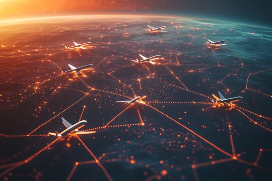 Visual representation of global air traffic with airplanes connected by glowing lines and nodes