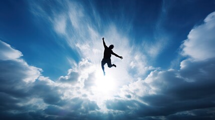 Dark silhouette of an individual leaping upward with a clear blue sky and fluffy white clouds