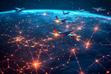 Visual representation of global air traffic with airplanes connected by glowing lines and nodes