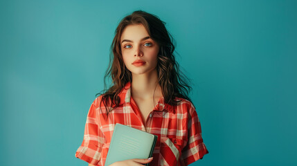 Fototapeta premium A young girl in a red plaid shirt is holding a book, standing against a turquoise wall. She has light hair and bright makeup