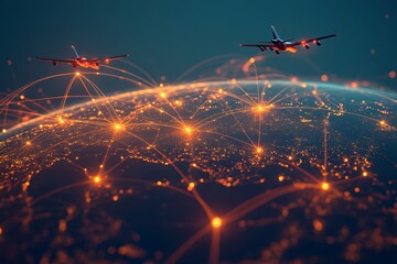 Visual representation of global air traffic with airplanes connected by glowing lines and nodes
